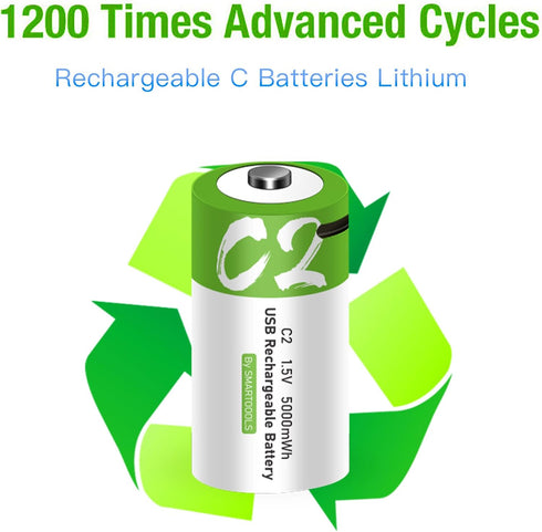 Lankoo 4pcs 1.5V 3300mAh 5000mWh 2.5 1200x C Battery USB Type-C C Rechargeable Batteries, High Capacity Hours Fast