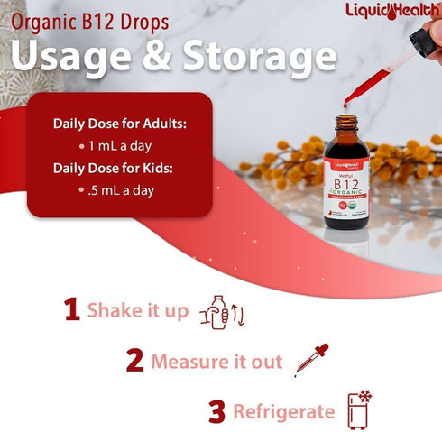 LIQUIDHEALTH Methyl Vitamin B12 Organic Liquid Drops, 2 Fl Oz - 3 Pack, Energy Boost, Focus, Vegan Safe