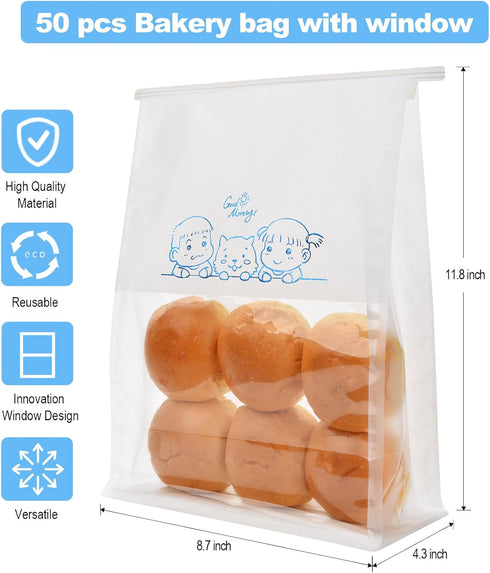 50 Paper Bread Bags for Home Bakery, Large Storage Bags with Window/Ties for Sourdough and Baked Goods