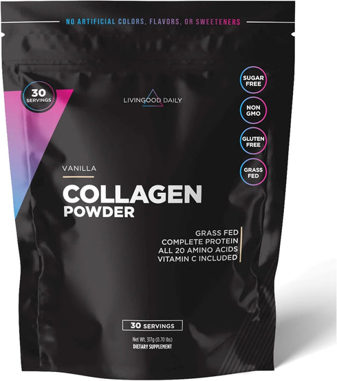 Livingood Daily Collagen Powder for Women & Men, Vanilla, Grass-Fed Hydrolyzed Collagen for Healthy Skin