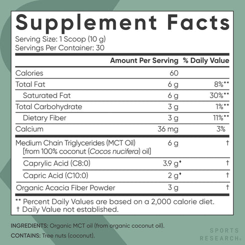 Sports Research Organic MCT Oil Powder - Keto & Vegan MCTs C8, C10 from Coconuts, Unflavored, 10.6 oz