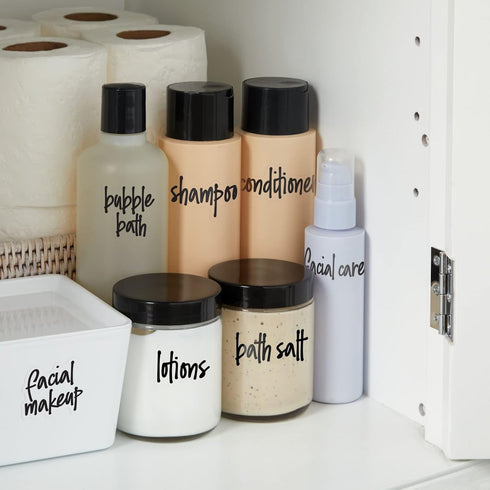 Talented Kitchen Bathroom Labels - Transparent Vinyl & Black Script Stickers for Containers, Bins, Bath, Beauty, Makeup