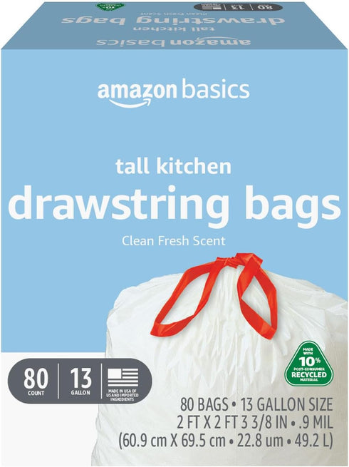 Amazon Basics Tall Kitchen Trash Bags, 13 Gallon, 80 Count, 10% Post Consumer Recycled Content