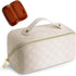 Large Capacity Travel Cosmetic Bag, Plaid Checkered Makeup Bag, Portable Leather Waterproof Skincare Bag