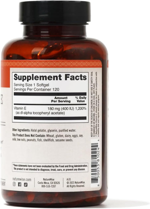NatureWise Vitamin E 400 IU Softgels, Dairy Free, Gluten Free, 120 Count, Antioxidant-Rich Supplement