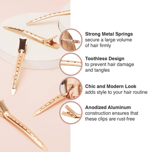 Kitsch Professional Alligator Clips for Hair Styling – 3.5" Aluminum Hair Sectioning Clips, Rose Gold, 6 Pcs