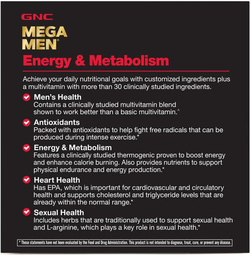 GNC Mega Men Energy & Metabolism Vitapak - 30 Count, Clinically Studied for Energy, Heart Health, Antioxidants