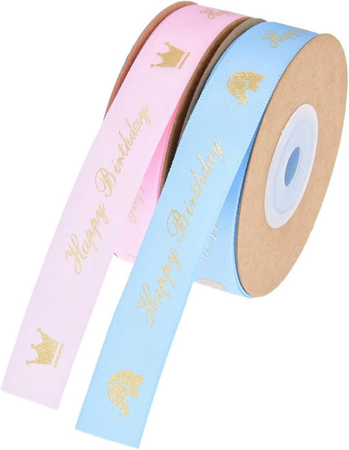 Happy Birthday Ribbon 2 Rolls, 1.5cm Satin Gift Wrap Ribbons for Bouquet, DIY Flower Birthday Wrapping, Party Supplies