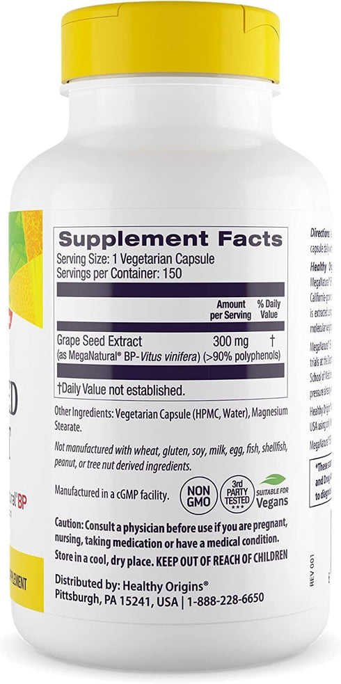 Healthy Origins MegaNatural BP-Grape Seed Extract, 300 mg - Blood Flow Support, 150 Veggie Capsules
