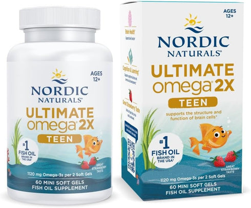 Nordic Naturals Ultimate Omega 2X Teen, Strawberry - 60 Mini Soft Gels - 1120 mg Total Omega-3s for Brain Health