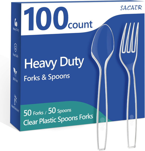100 Count Heavy Duty Plastic Silverware - 50 Forks, 50 Spoons, BPA-Free, Disposable Plastic Cutlery Set