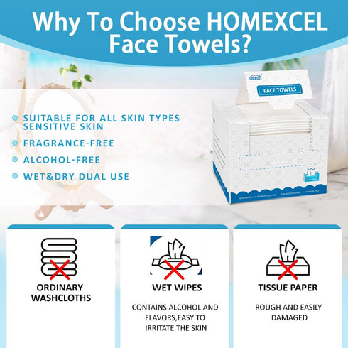 HOMEXCEL Disposable Face Towels - Biodegradable Makeup Remover Dry Wipes, 50 Count for Sensitive Skin