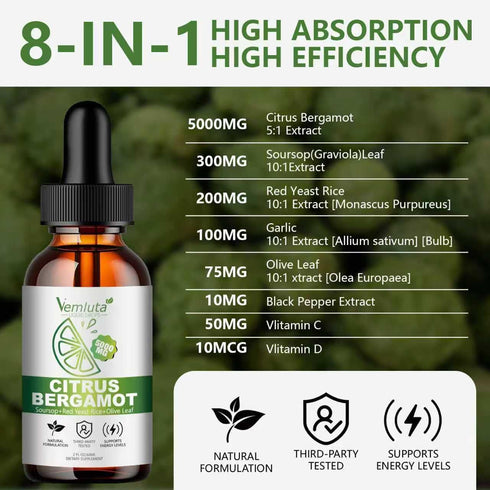 Vemluta 2 Packs 5000mg Drops-2X Immune Citrus Bergamot Liquid Absorption- Cholesterol Lowering Supplement w Soursop
