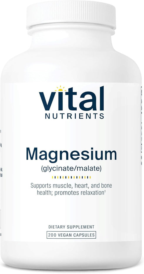 Vital Nutrients Magnesium Glycinate + Malate, 120mg Vegan Magnesium Supplement for Muscle, Heart, Bone Support, 200