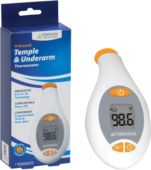 Temple & Underarm Thermometer | Infrared Measurements | Fast 4-Second Readout | Fever Alert | Backlit Display |