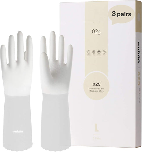 LANON 3 Pairs Skin-Friendly Cleaning Gloves, Unlined Dishwashing Kitchen Gloves, Reusable, Non-Slip, Brilliant White