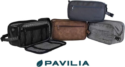 PAVILIA Toiletry Bag for Men, Dark Brown Travel Essentials Shaving Dopp Kit, Organizer Case for Grooming