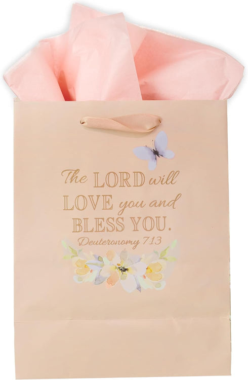 Christian Art Gifts Gift Bag/Tissue Paper Set Abundantly Blessed Bible Verse, Pink Butterfly, Medium Deuteronomy 7:13