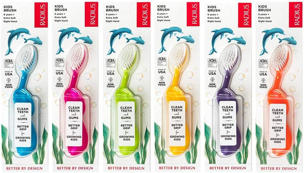 RADIUS Kidz Toothbrush, BPA Free, ADA Accepted, Designed for Children 6 Years & Up, Assorted Colors, Pack of 6