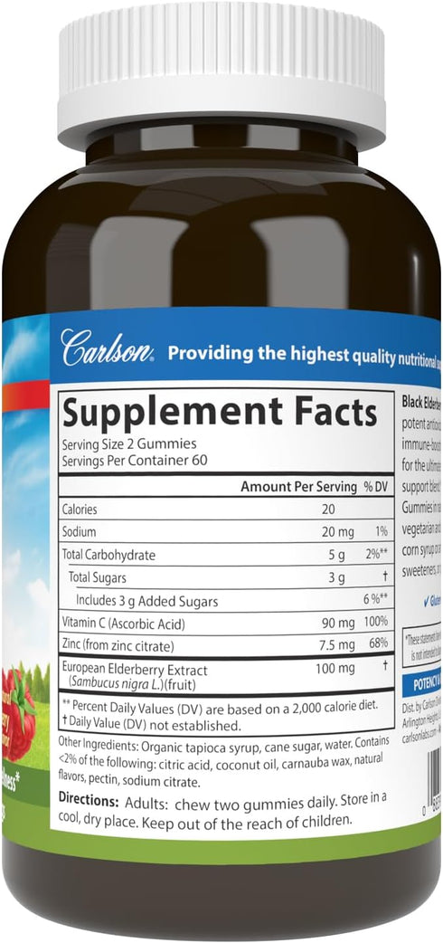 Carlson Black Elderberry Gummies with Vitamin C & Zinc, Immune Support, 120 Gummies