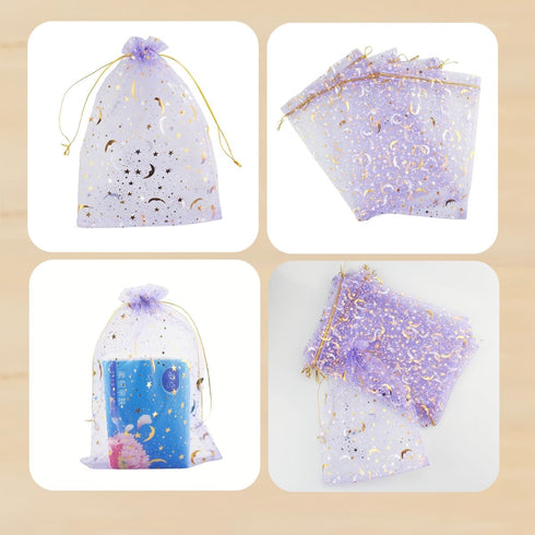 QIANHAILIZZ 100 Pack 7x9 Inch Moon Star Organza Jewelry Gift Pouch, Drawstring Wedding Favor Bags