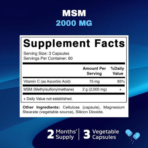 Vitamatic MSM 2000 mg with Vitamin C 75mg per Serving - 180 Veg Capsules - Vitamin C Aid in better absopriton of MSM (Methylsulfonylmethane) - Non-GMO & Gluten Free