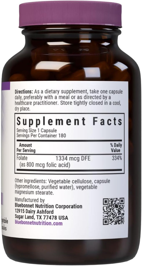 BlueBonnet Nutrition Folic Acid 800mcg, Healthy Neurological Development, Vegan, 180 Count, Non-GMO