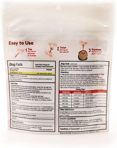 Dr. Kids Children's Pain and Fever Acetaminophen - Pre-Measured Single-Use Vials, Travel Compliant, 3.4 Fl Oz (20 Count)