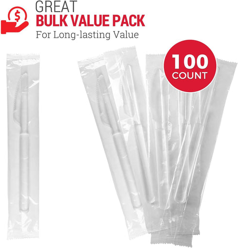 100 Pack Heavy Duty Plastic Clear Knives, Disposable Individually Wrapped, Sturdy Like Silverware, Perfect for Catering