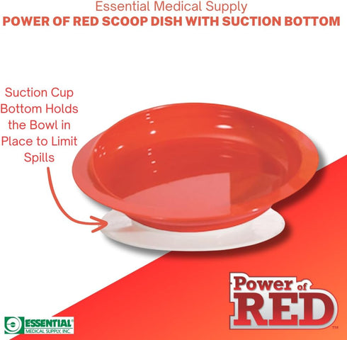 Rimmed Essential Medical Supply Power of Red Adaptive Scoop Dish with Suction Cup Bottom and Side for Easier Eating