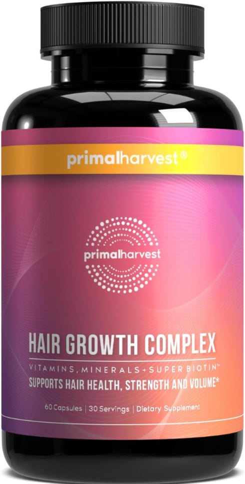 Primal Harvest Hair Growth Vitamins for Women & Men, 60 Pills, Natural Hair Thickening with Biotin & Zinc