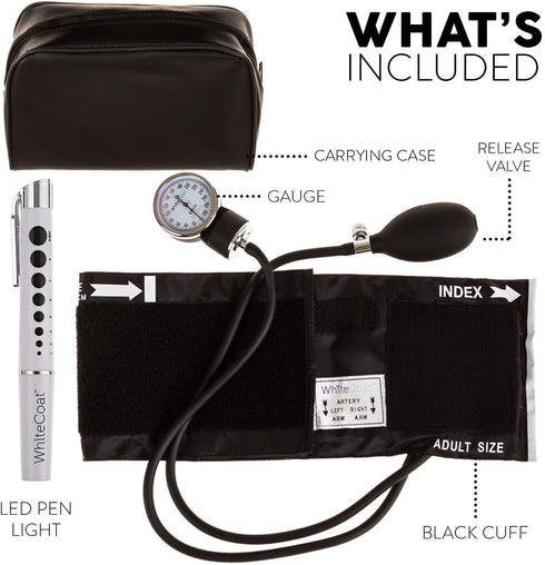 White Coat Deluxe Aneroid Sphygmomanometer - Professional Blood Pressure Monitor with Black Cuff