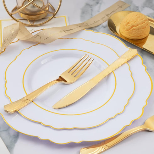 DaYammi 150 Pack Gold Disposable Silverware Set - 50 Forks, 50 Knives, 50 Spoons - Heavy Duty Plastic Cutlery for