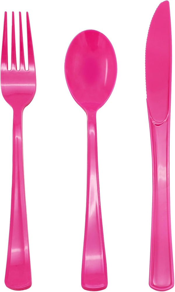 150 Pack Hot Pink Silverware, Hot Pink Plastic Cutlery, 50 Forks, 50 Knives, 50 Spoons for Birthday Bachelorette Wedding