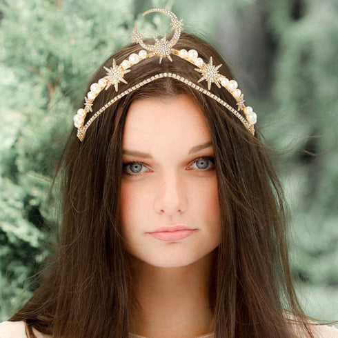 Yean Moon Star Wedding Headband, Gold Rhinestone Pearl Headpiece, Crystal Bridal Hair Accessories for Women and Girls