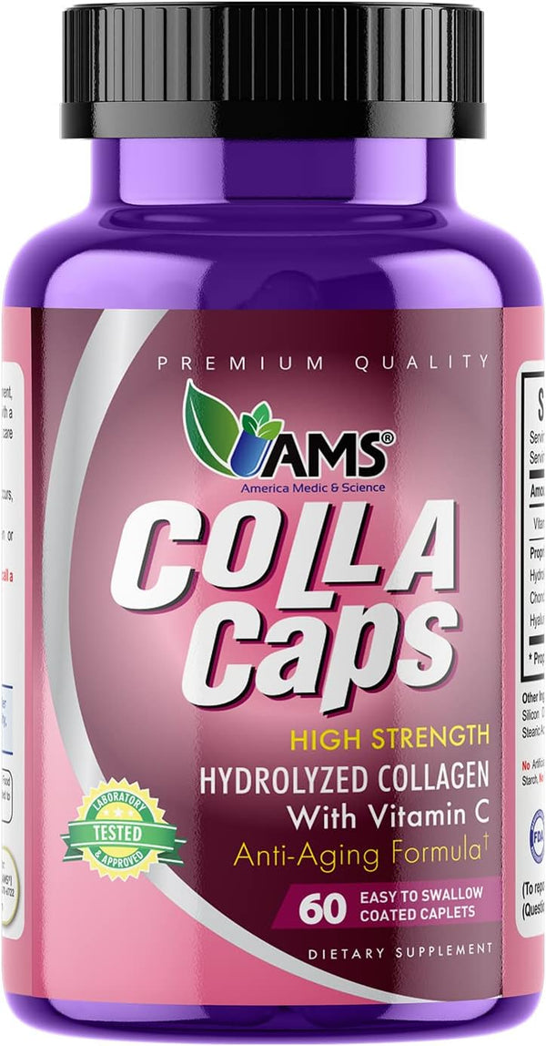 America Medic & Science Colla Caps (60 Caplets) | Collagen Supplement with Hyaluronic Acid & Vitamin C | Promotes