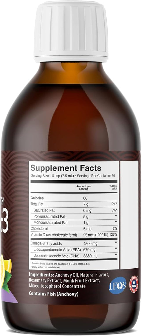 5X Ultimate Strength High DHA Omega-3 Liquid with EPA & Vitamin D - Wild Caught Omega 3 Fish Oil Supplements - 7.60 Fl