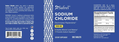 Safrel Sodium Chloride Tablets 1000 mg | 365 Count | Normal Salt Tablets | Electrolytes Replenisher, Vegan, Gluten