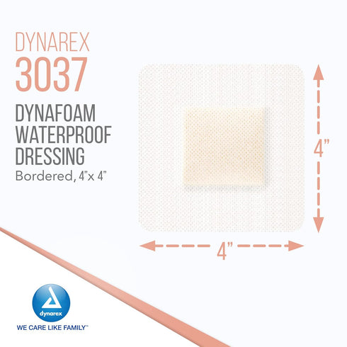 Dynarex Dynafoam Waterproof Bordered Adhesive Foam Wound Dressing Bandage, 10 Count, 4" x 4"