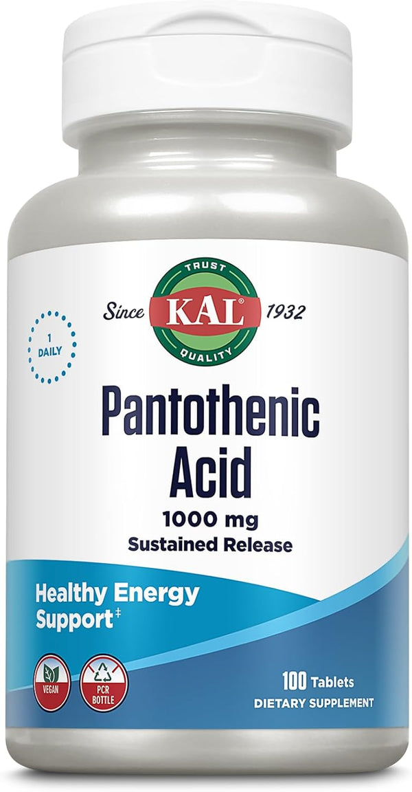 KAL Pantothenic Acid 1000mg, Sustained Release Vitamin B5, 100 Tablets, 60-Day Guarantee