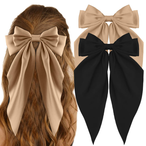Silky Satin Hair Bows for Women, 2Pcs Oversized Black Hair Ribbons with Long Tail Clips, Aesthetic Accessories