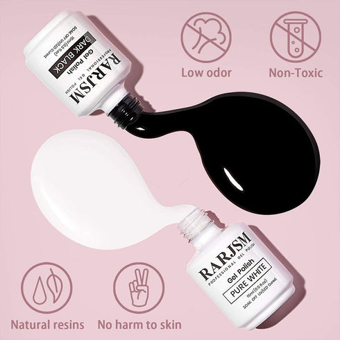 RARJSM Black and White Gel Nail Polish 15ml Soak Off UV LED Curing Required for French Manicure, 2pcs Set