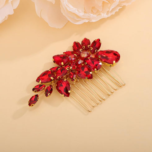 Red Crystal Rhinestone Wedding Hair Comb, Sparkly Bridal Hair Piece for Women and Girls
