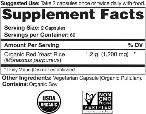 Certified Organic Red Yeast Rice Supplement - 120 Capsules, 2 Month Supply