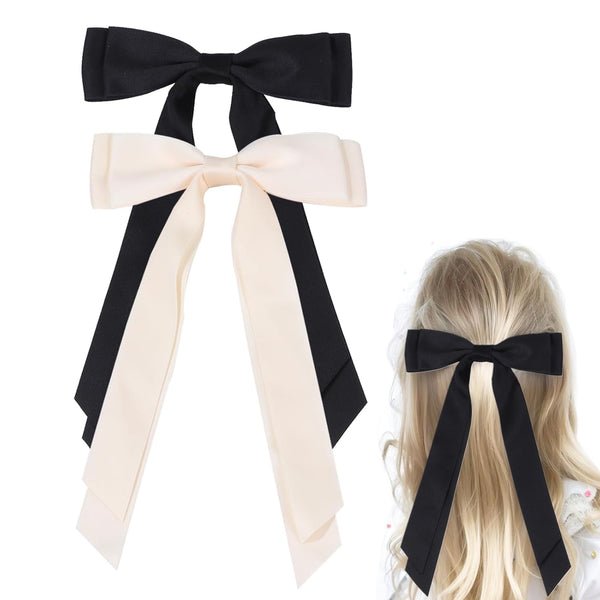 Satin Bow Hair Clips for Women, Silkly Satin Black Beige Hair Ribbon Bow with Long Tail Accessories for Girls