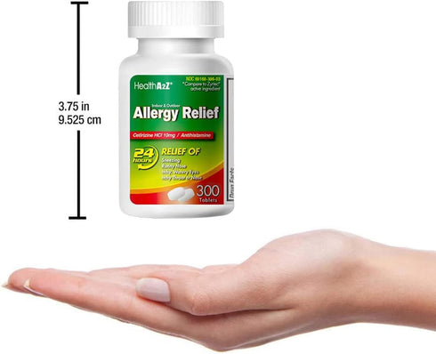 HealthA2Z 10mg, 300 Count (Pack 1), Allergy Relief, Cetirizine Dye Free, All Day Allergy Relief, Indoor & Outdoor