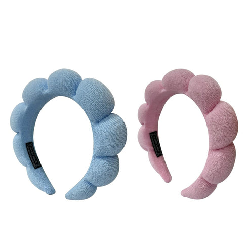 2 Pack Sponge Spa Makeup Headband - Puffy Skincare Headbands for Women Face Washing and Shower (Pink, Blue)