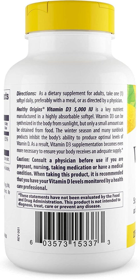 Healthy Origins Vitamin D3 5,000 IU - Immune Support & Bone Health Supplement - 360 Gluten-Free Softgels