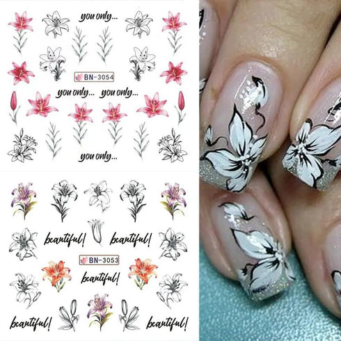 12 Sheets Lily Flowers Nail Stickers, Water Transfer Decals for Spring Floral Nail Art Design