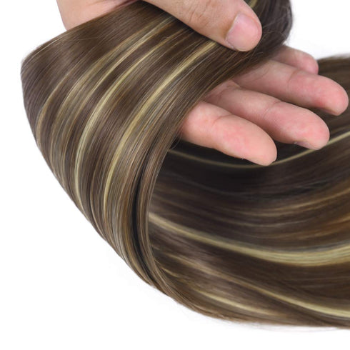 SEIKEA Clip in Ponytail Extension, Wrap Around Straight Hair for Women (28", Brown/Ash Blonde Mix)